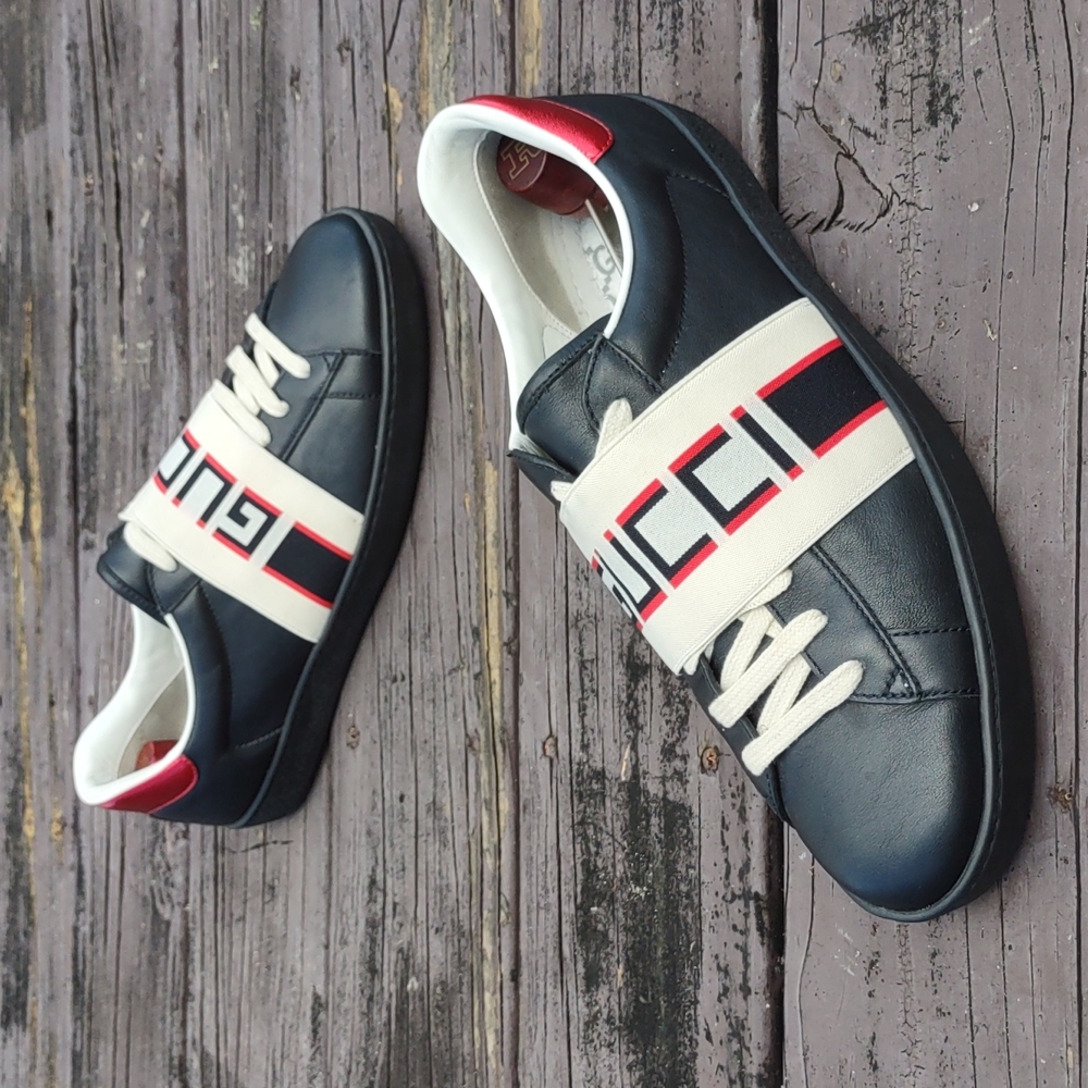 GUCCI MEN'S BLACK ACE ELASTIC BAND LEATHER FLAT LACE UP - Picture 7 of 17